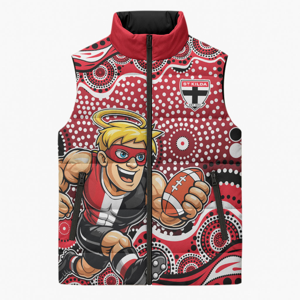 St Kilda Saints Sleeveless Puffer Jacket Aboriginal Dot Pattern - Football Mascot Heritage Pride