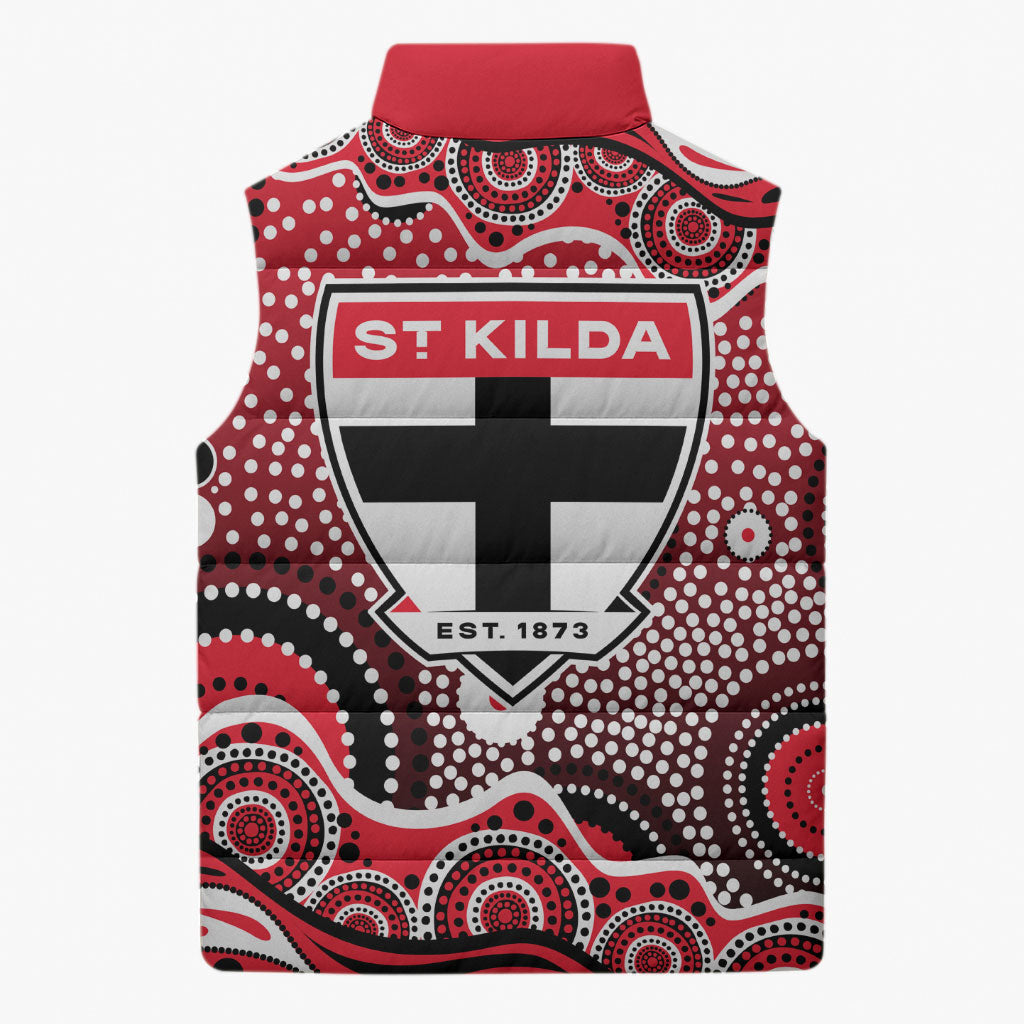 St Kilda Saints Sleeveless Puffer Jacket Aboriginal Dot Pattern - Football Mascot Heritage Pride
