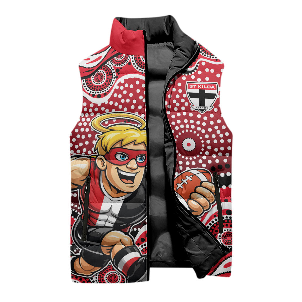 St Kilda Saints Sleeveless Puffer Jacket Aboriginal Dot Pattern - Football Mascot Heritage Pride