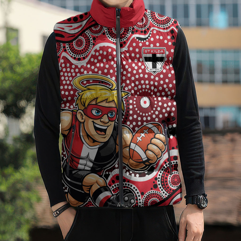 St Kilda Saints Sleeveless Puffer Jacket Aboriginal Dot Pattern - Football Mascot Heritage Pride