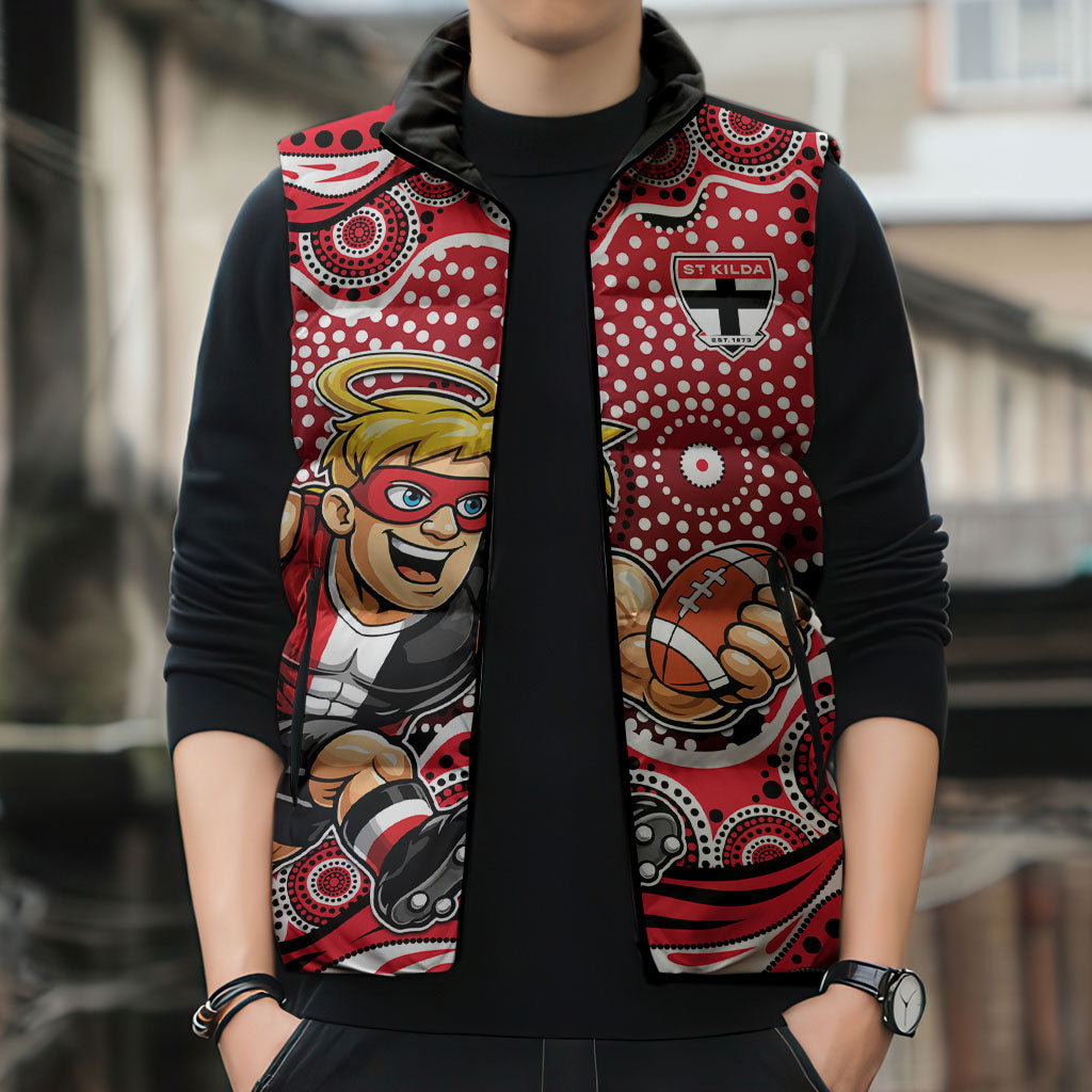 St Kilda Saints Sleeveless Puffer Jacket Aboriginal Dot Pattern - Football Mascot Heritage Pride