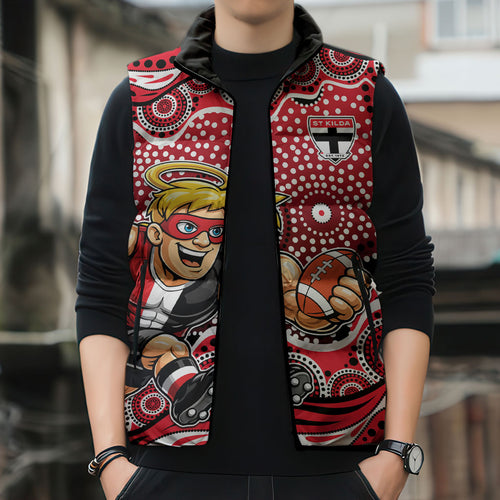St Kilda Saints Sleeveless Puffer Jacket Aboriginal Dot Pattern - Football Mascot Heritage Pride