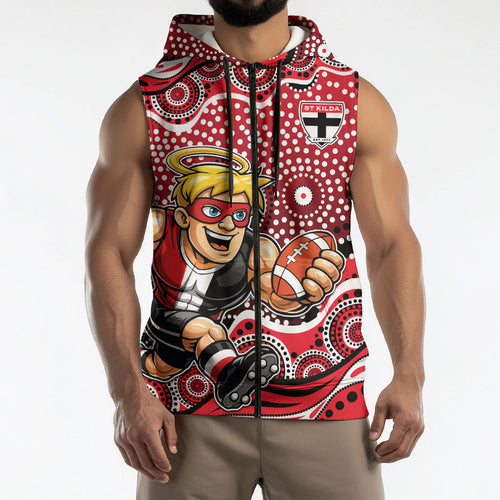 St Kilda Saints Sleeveless Zip Hoodie Aboriginal Dot Pattern - Football Mascot Heritage Pride