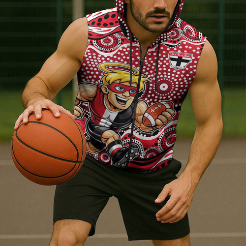 St Kilda Saints Sleeveless Zip Hoodie Aboriginal Dot Pattern - Football Mascot Heritage Pride