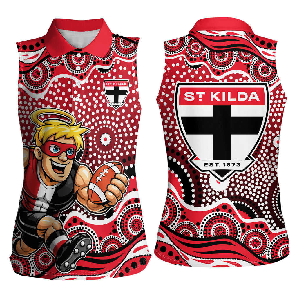 St Kilda Saints Women Sleeveless Polo Shirt Aboriginal Dot Pattern - Football Mascot Heritage Pride