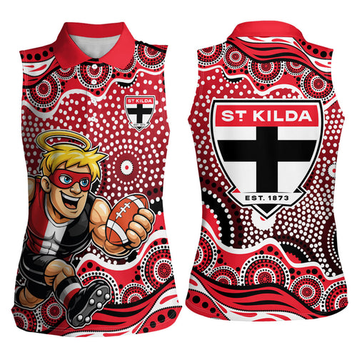 St Kilda Saints Women Sleeveless Polo Shirt Aboriginal Dot Pattern - Football Mascot Heritage Pride