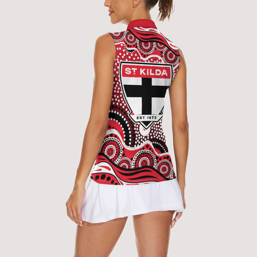 St Kilda Saints Women Sleeveless Polo Shirt Aboriginal Dot Pattern - Football Mascot Heritage Pride