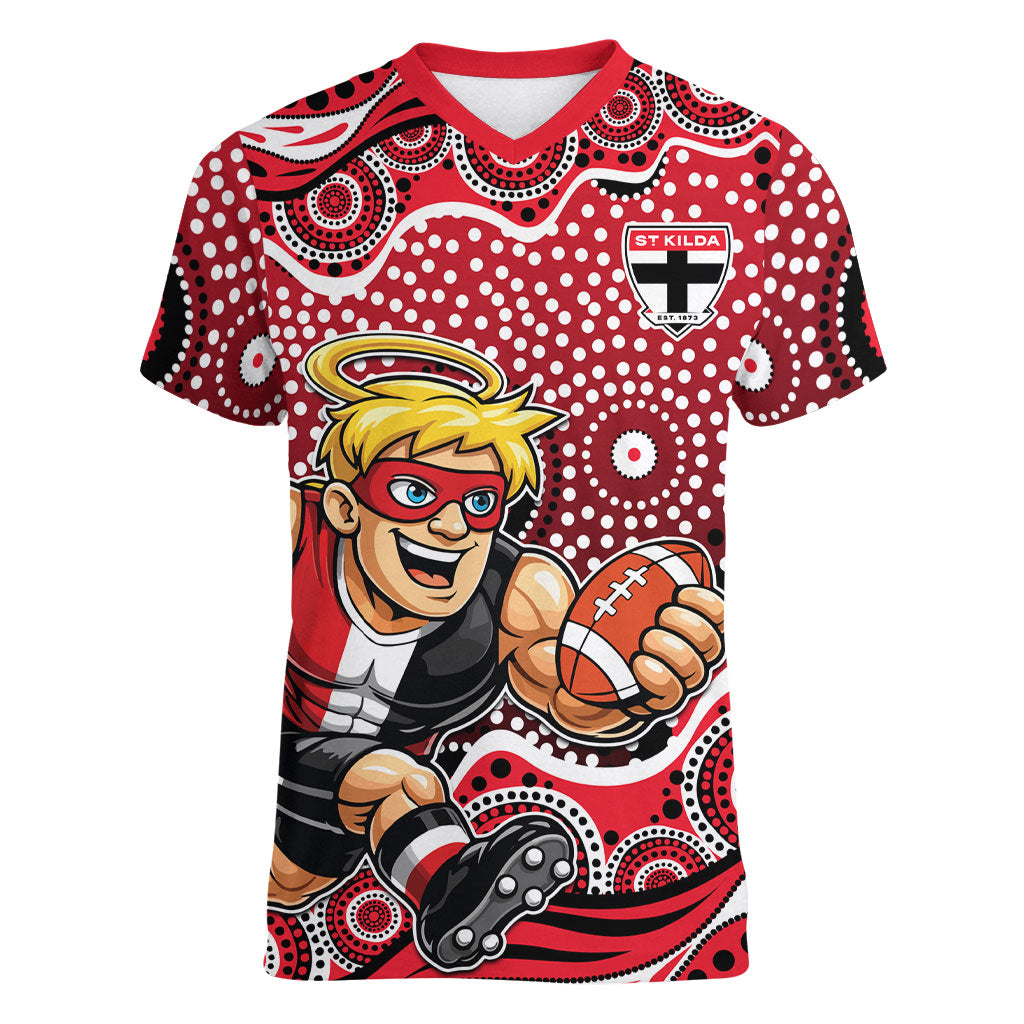St Kilda Saints Women V-Neck T-Shirt Aboriginal Dot Pattern - Football Mascot Heritage Pride