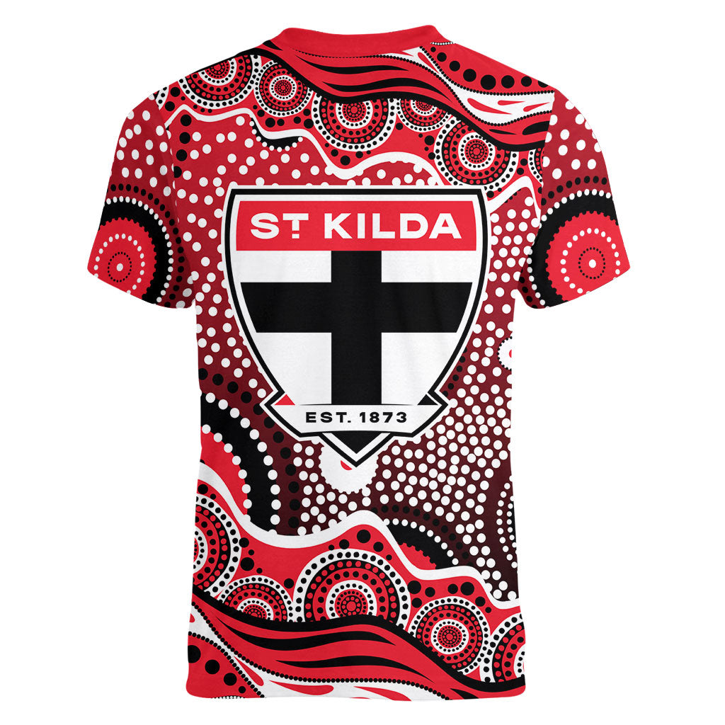St Kilda Saints Women V-Neck T-Shirt Aboriginal Dot Pattern - Football Mascot Heritage Pride