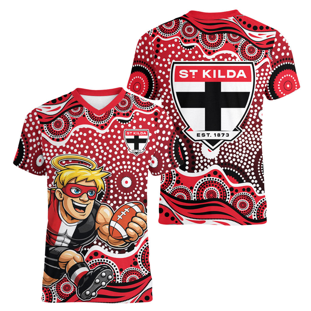 St Kilda Saints Women V-Neck T-Shirt Aboriginal Dot Pattern - Football Mascot Heritage Pride