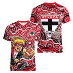 St Kilda Saints Women V-Neck T-Shirt Aboriginal Dot Pattern - Football Mascot Heritage Pride