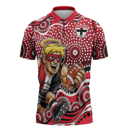 St Kilda Saints Zipper Polo Shirt Aboriginal Dot Pattern - Football Mascot Heritage Pride