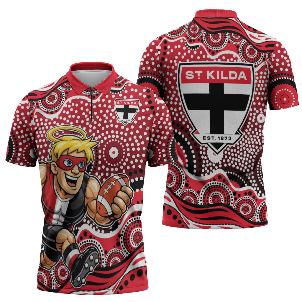 St Kilda Saints Zipper Polo Shirt Aboriginal Dot Pattern - Football Mascot Heritage Pride