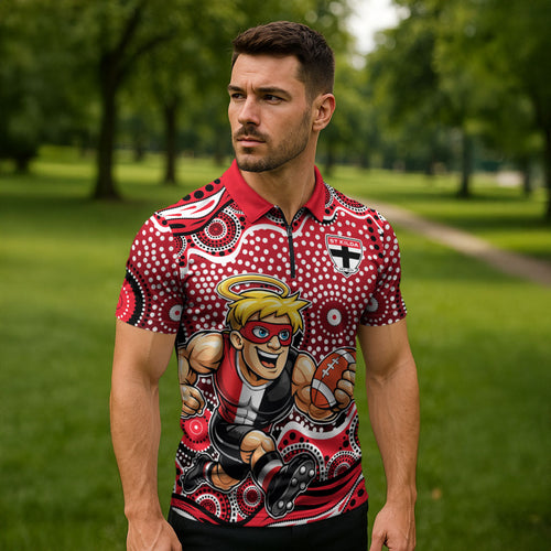 St Kilda Saints Zipper Polo Shirt Aboriginal Dot Pattern - Football Mascot Heritage Pride