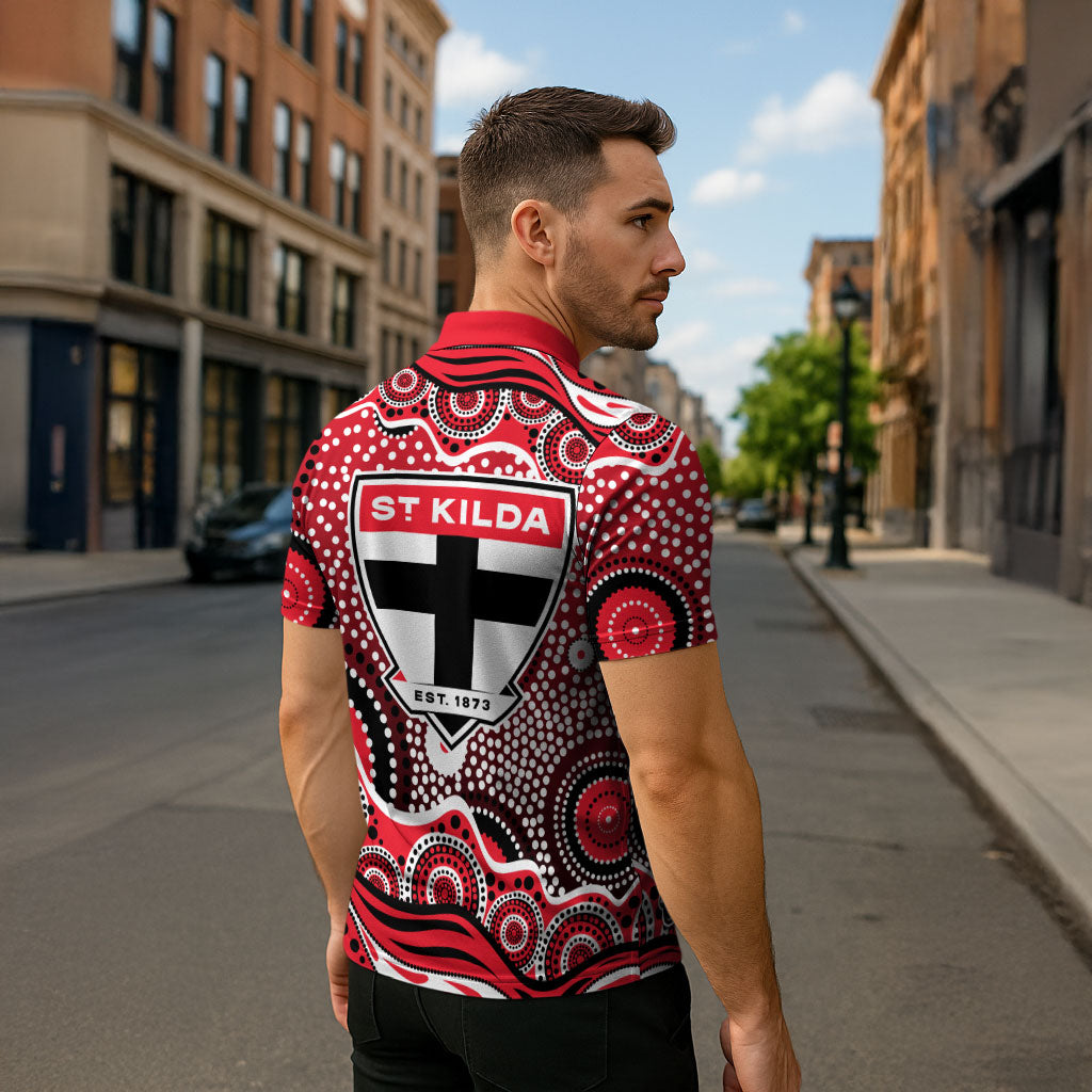 St Kilda Saints Zipper Polo Shirt Aboriginal Dot Pattern - Football Mascot Heritage Pride