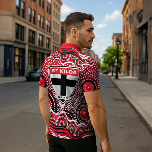 St Kilda Saints Zipper Polo Shirt Aboriginal Dot Pattern - Football Mascot Heritage Pride