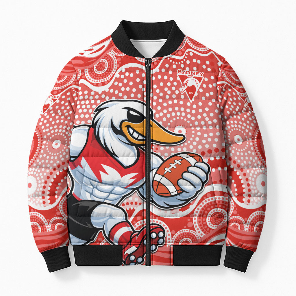 Sydney Swans Bomber Puffer Jacket Aboriginal Dot Pattern - Football Mascot Heritage Pride