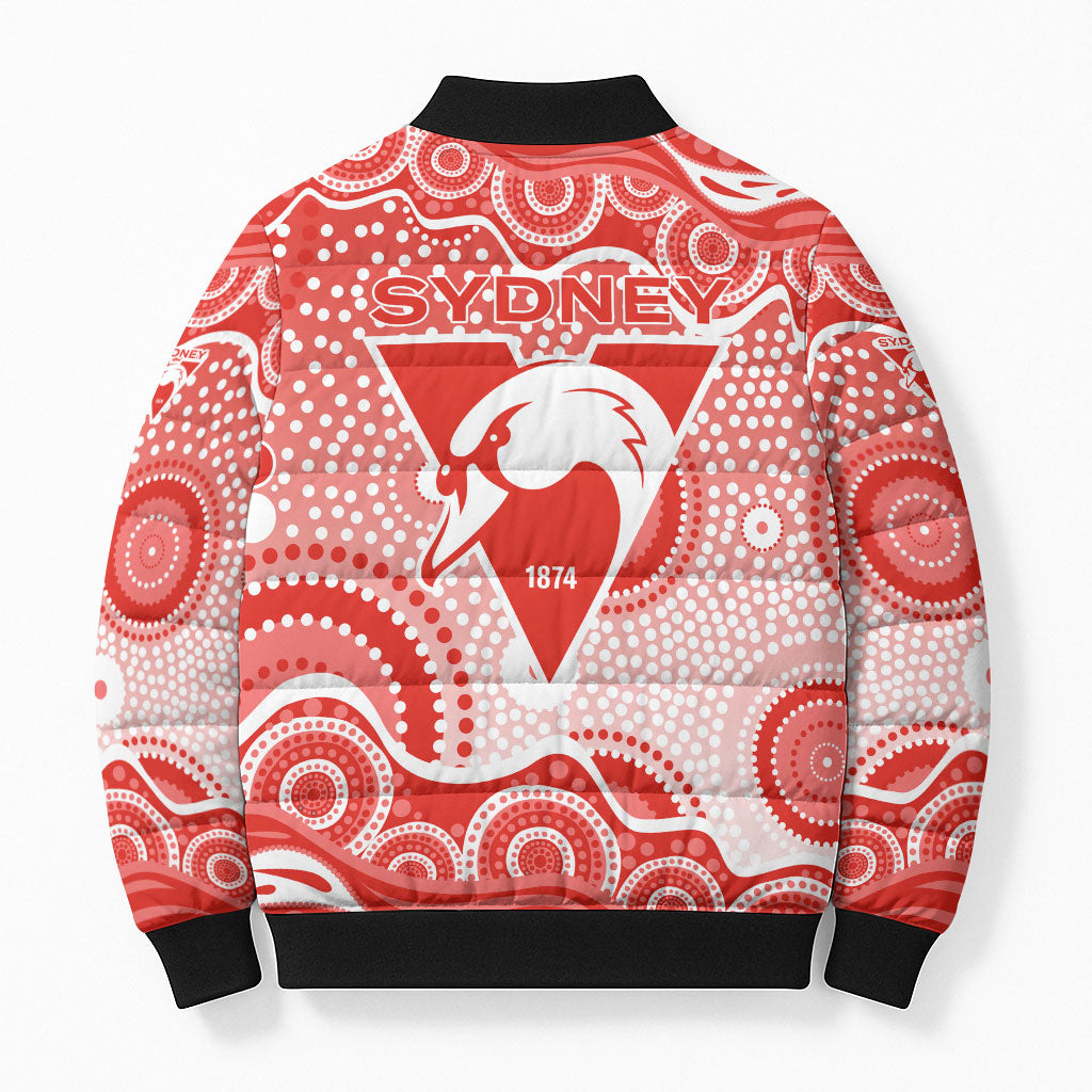 Sydney Swans Bomber Puffer Jacket Aboriginal Dot Pattern - Football Mascot Heritage Pride