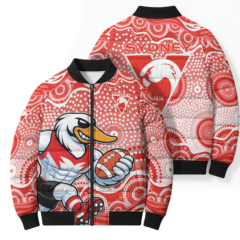 Sydney Swans Bomber Puffer Jacket Aboriginal Dot Pattern - Football Mascot Heritage Pride