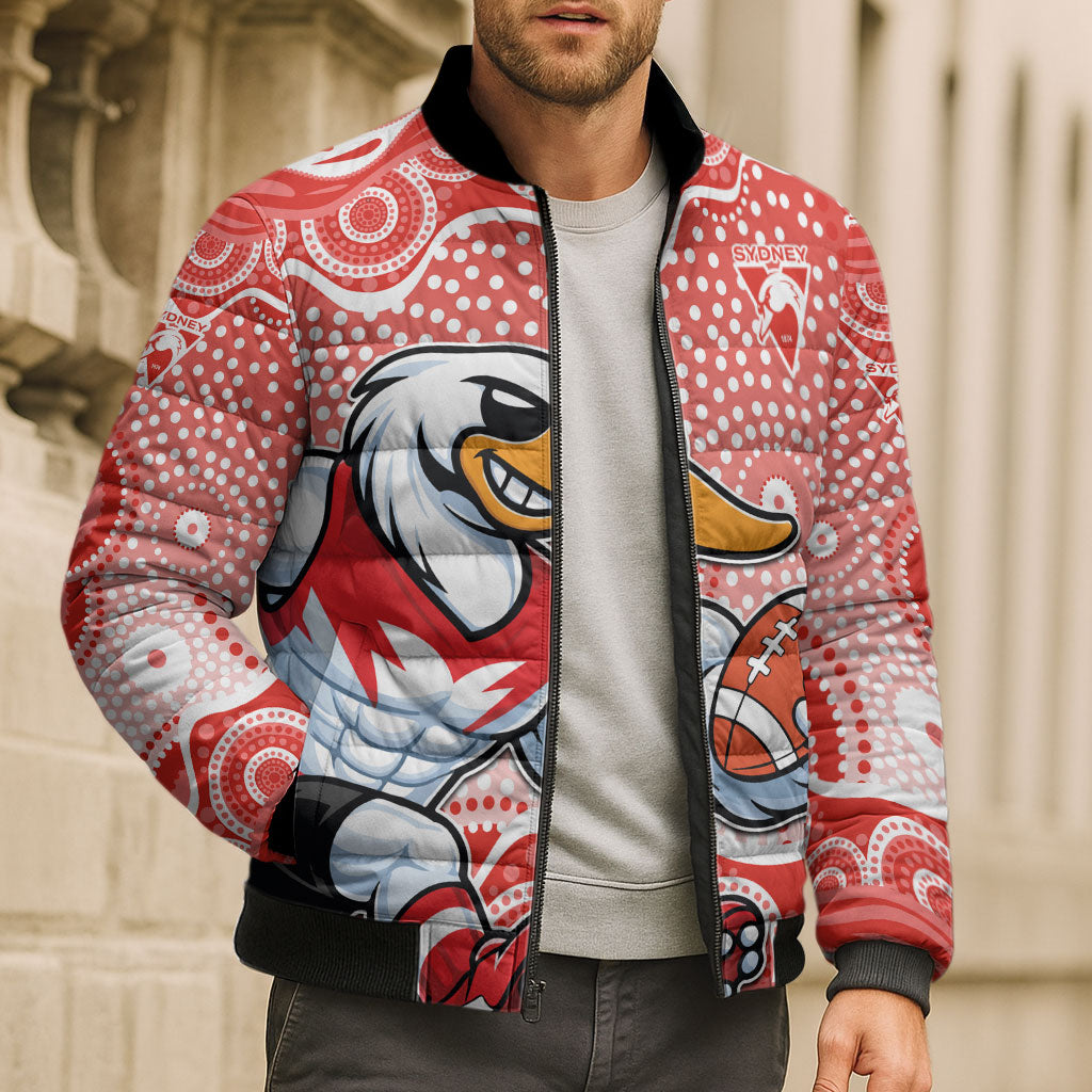 Sydney Swans Bomber Puffer Jacket Aboriginal Dot Pattern - Football Mascot Heritage Pride