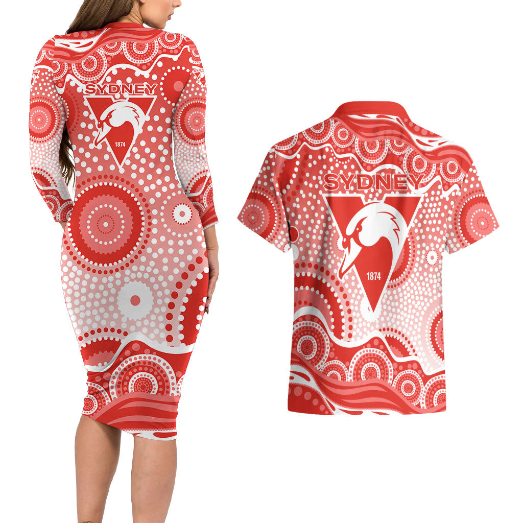 Sydney Swans Couples Matching Long Sleeve Bodycon Dress and Hawaiian Shirt Aboriginal Dot Pattern - Football Mascot Heritage Pride