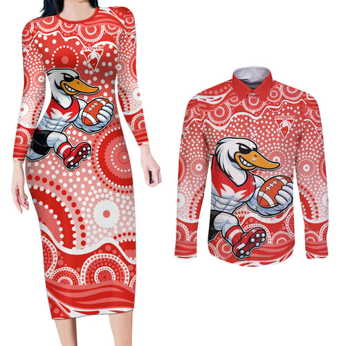Sydney Swans Couples Matching Long Sleeve Bodycon Dress and Long Sleeve Button Shirt Aboriginal Dot Pattern - Football Mascot Heritage Pride