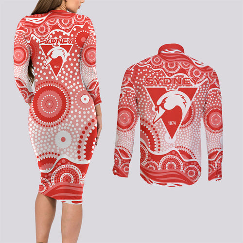 Sydney Swans Couples Matching Long Sleeve Bodycon Dress and Long Sleeve Button Shirt Aboriginal Dot Pattern - Football Mascot Heritage Pride