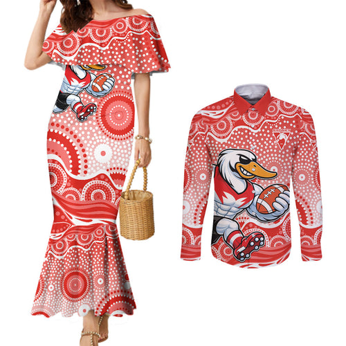 Sydney Swans Couples Matching Mermaid Dress and Long Sleeve Button Shirt Aboriginal Dot Pattern - Football Mascot Heritage Pride