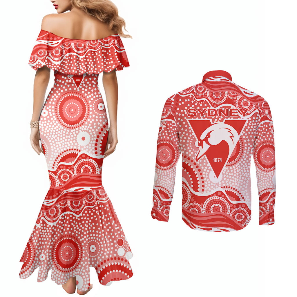 Sydney Swans Couples Matching Mermaid Dress and Long Sleeve Button Shirt Aboriginal Dot Pattern - Football Mascot Heritage Pride