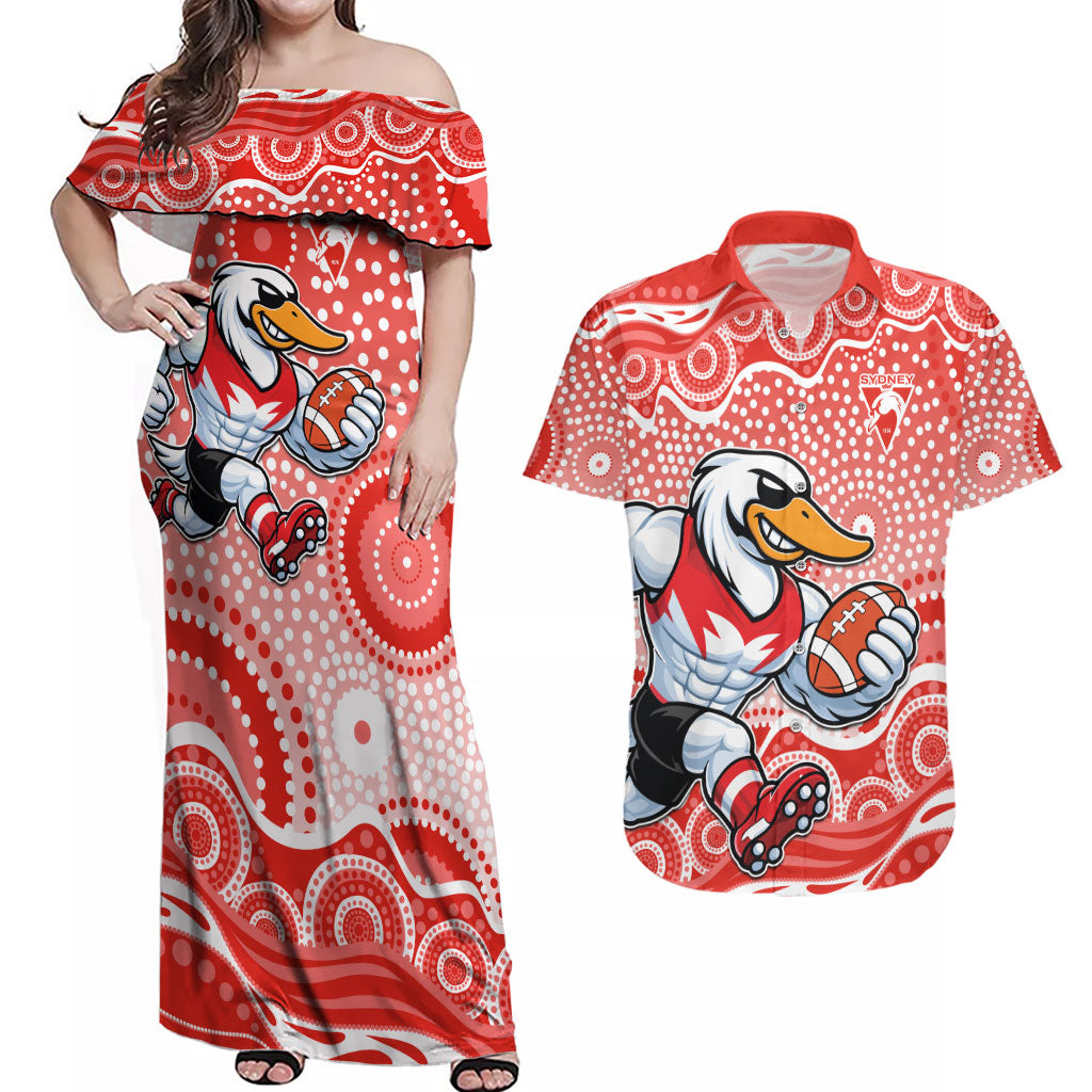 Sydney Swans Couples Matching Off Shoulder Maxi Dress and Hawaiian Shirt Aboriginal Dot Pattern - Football Mascot Heritage Pride