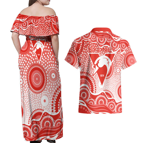 Sydney Swans Couples Matching Off Shoulder Maxi Dress and Hawaiian Shirt Aboriginal Dot Pattern - Football Mascot Heritage Pride