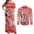 Sydney Swans Couples Matching Off Shoulder Maxi Dress and Long Sleeve Button Shirt Aboriginal Dot Pattern - Football Mascot Heritage Pride