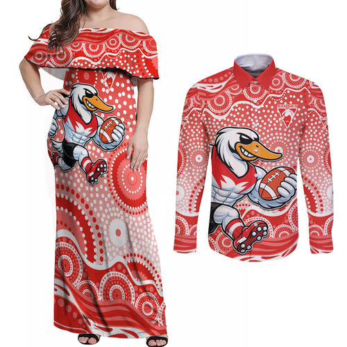 Sydney Swans Couples Matching Off Shoulder Maxi Dress and Long Sleeve Button Shirt Aboriginal Dot Pattern - Football Mascot Heritage Pride
