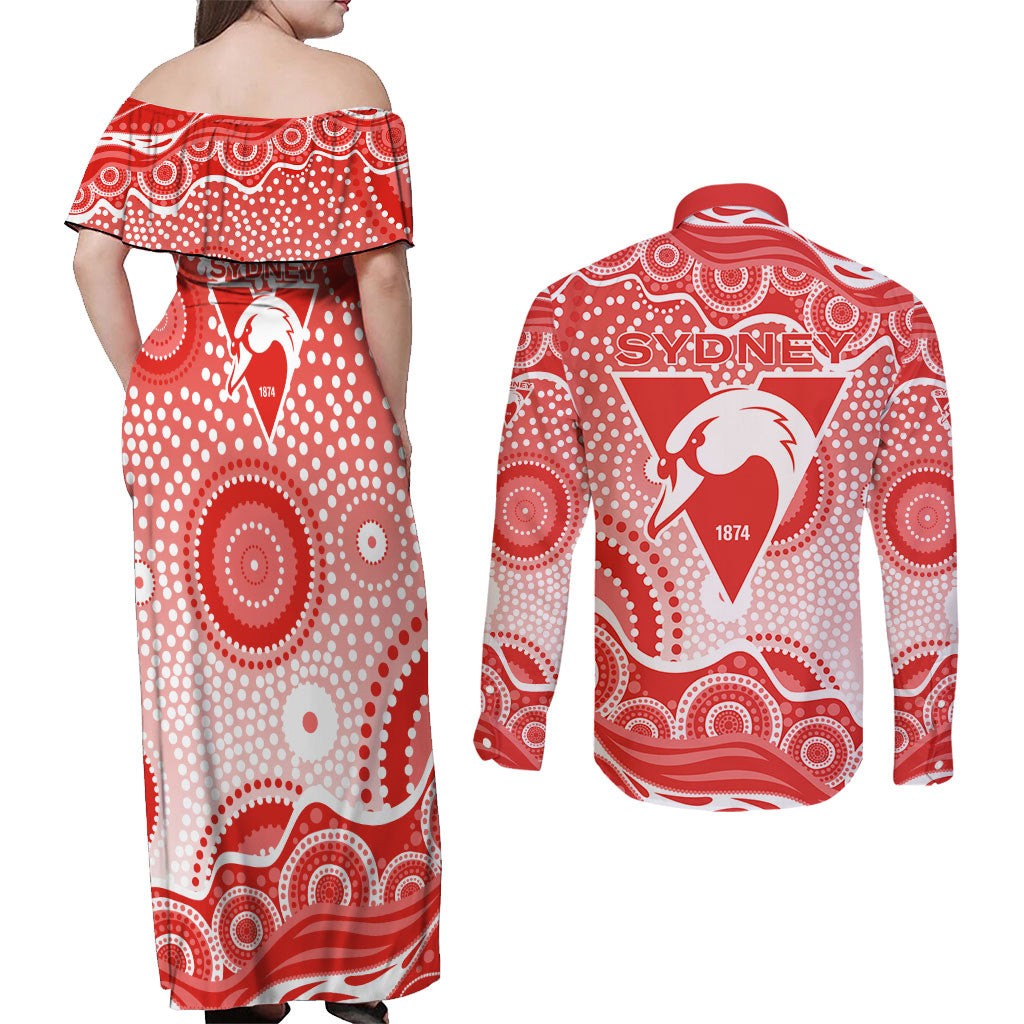 Sydney Swans Couples Matching Off Shoulder Maxi Dress and Long Sleeve Button Shirt Aboriginal Dot Pattern - Football Mascot Heritage Pride