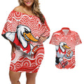 Sydney Swans Couples Matching Off Shoulder Short Dress and Hawaiian Shirt Aboriginal Dot Pattern - Football Mascot Heritage Pride