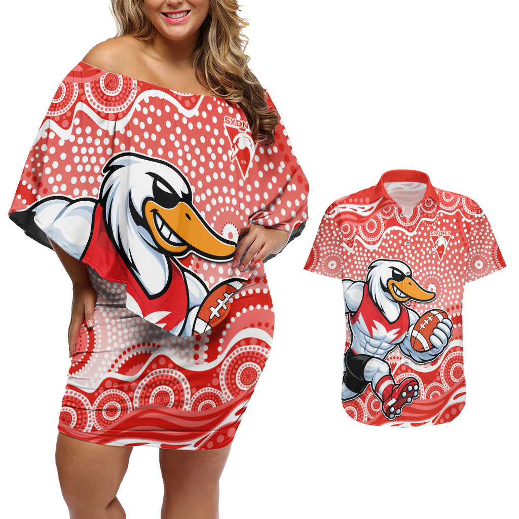 Sydney Swans Couples Matching Off Shoulder Short Dress and Hawaiian Shirt Aboriginal Dot Pattern - Football Mascot Heritage Pride