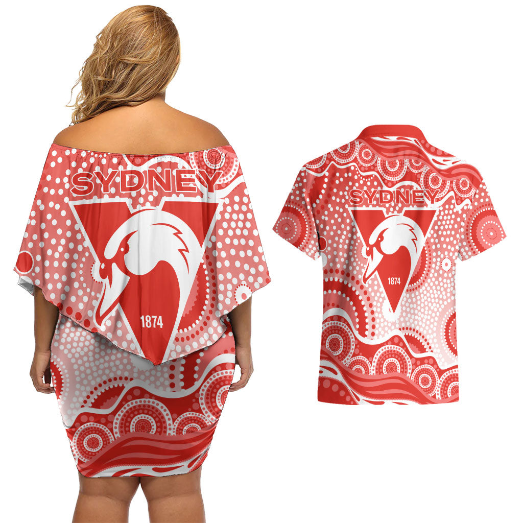 Sydney Swans Couples Matching Off Shoulder Short Dress and Hawaiian Shirt Aboriginal Dot Pattern - Football Mascot Heritage Pride