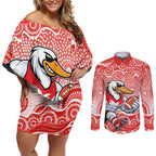 Sydney Swans Couples Matching Off Shoulder Short Dress and Long Sleeve Button Shirt Aboriginal Dot Pattern - Football Mascot Heritage Pride