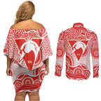 Sydney Swans Couples Matching Off Shoulder Short Dress and Long Sleeve Button Shirt Aboriginal Dot Pattern - Football Mascot Heritage Pride