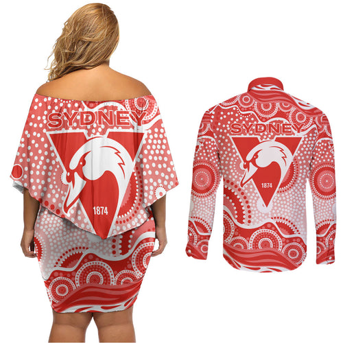 Sydney Swans Couples Matching Off Shoulder Short Dress and Long Sleeve Button Shirt Aboriginal Dot Pattern - Football Mascot Heritage Pride