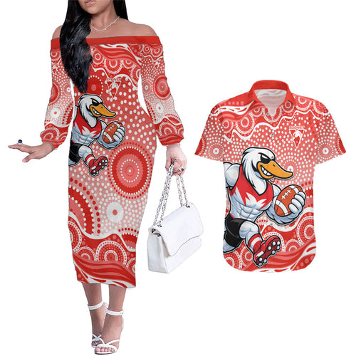Sydney Swans Couples Matching Off The Shoulder Long Sleeve Dress and Hawaiian Shirt Aboriginal Dot Pattern - Football Mascot Heritage Pride