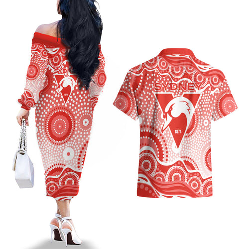 Sydney Swans Couples Matching Off The Shoulder Long Sleeve Dress and Hawaiian Shirt Aboriginal Dot Pattern - Football Mascot Heritage Pride