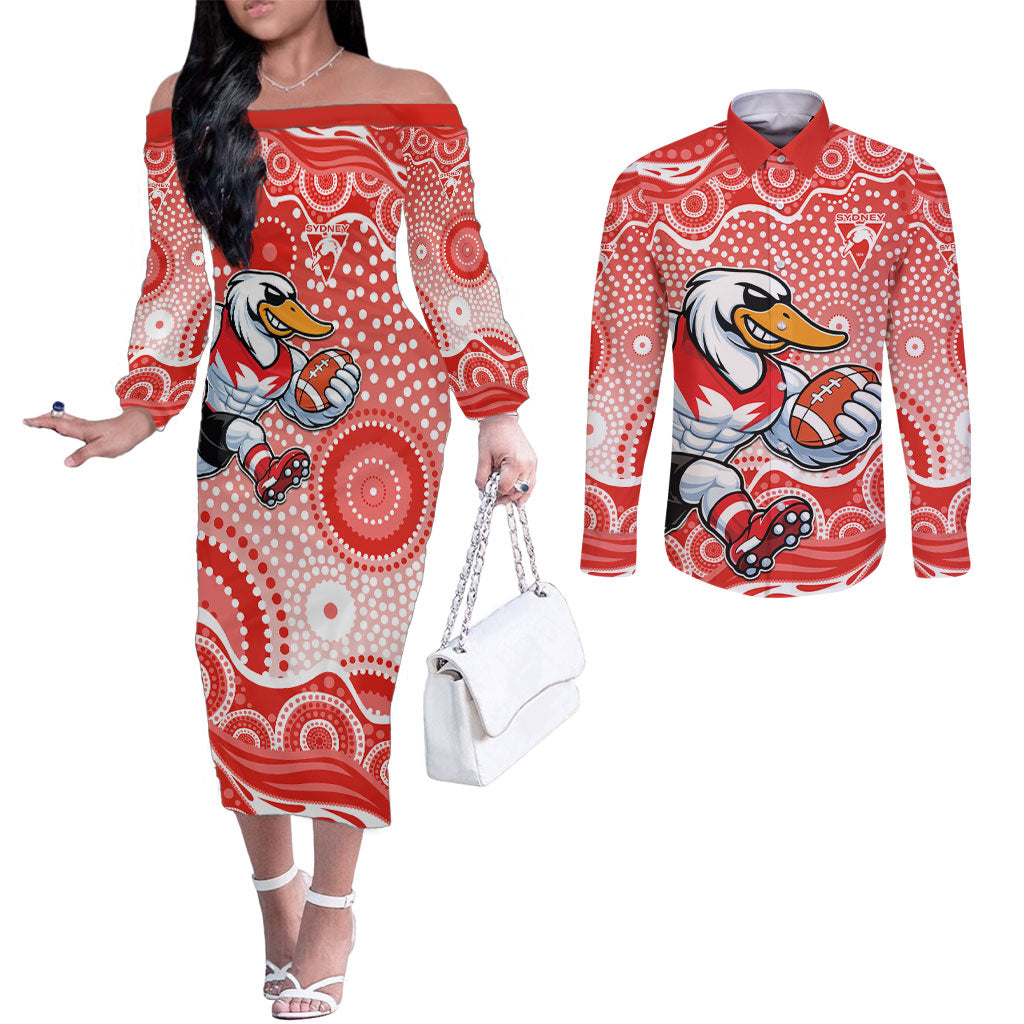 Sydney Swans Couples Matching Off The Shoulder Long Sleeve Dress and Long Sleeve Button Shirt Aboriginal Dot Pattern - Football Mascot Heritage Pride
