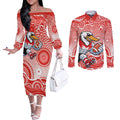 Sydney Swans Couples Matching Off The Shoulder Long Sleeve Dress and Long Sleeve Button Shirt Aboriginal Dot Pattern - Football Mascot Heritage Pride