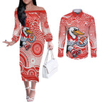 Sydney Swans Couples Matching Off The Shoulder Long Sleeve Dress and Long Sleeve Button Shirt Aboriginal Dot Pattern - Football Mascot Heritage Pride