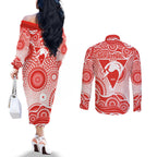 Sydney Swans Couples Matching Off The Shoulder Long Sleeve Dress and Long Sleeve Button Shirt Aboriginal Dot Pattern - Football Mascot Heritage Pride