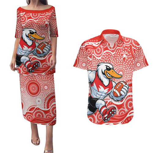 Sydney Swans Couples Matching Puletasi and Hawaiian Shirt Aboriginal Dot Pattern - Football Mascot Heritage Pride