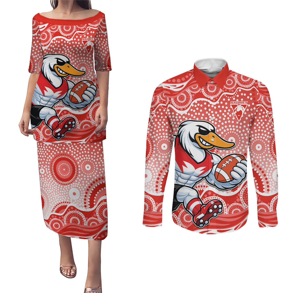 Sydney Swans Couples Matching Puletasi and Long Sleeve Button Shirt Aboriginal Dot Pattern - Football Mascot Heritage Pride