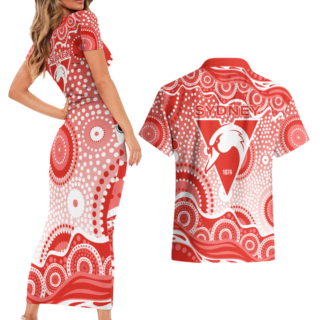 Sydney Swans Couples Matching Short Sleeve Bodycon Dress and Hawaiian Shirt Aboriginal Dot Pattern - Football Mascot Heritage Pride