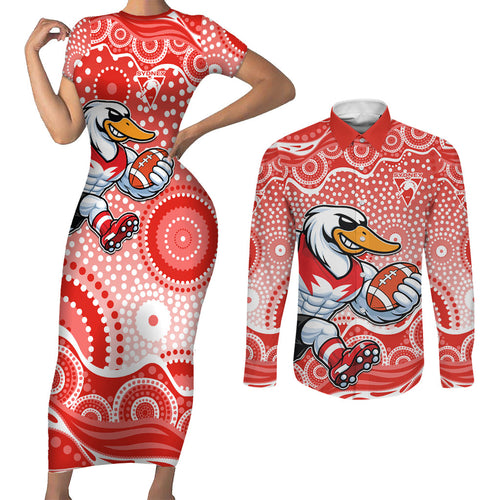 Sydney Swans Couples Matching Short Sleeve Bodycon Dress and Long Sleeve Button Shirt Aboriginal Dot Pattern - Football Mascot Heritage Pride
